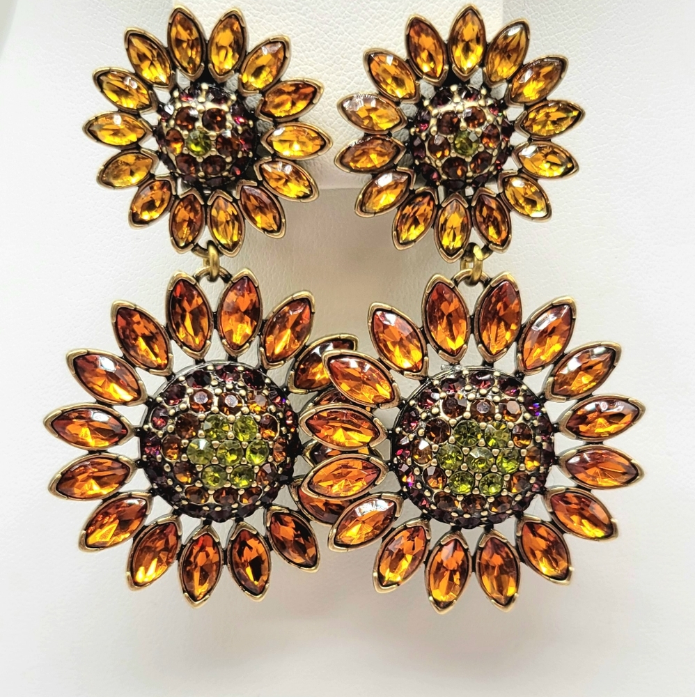 Heidi Daus Swarovski Crystal Sunflower Statement Dangle Earrings Clip On Style